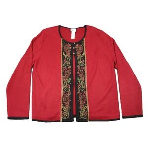 Vtg Cardigan Cami Sweater M Red Black Paisley Wool Embroidered Holiday Christmas
